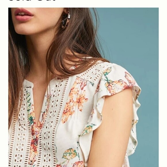 Anthropologie Maeve Flutter Sleeve Floral Lace Eyelet Button Down Top Size Small - Picture 4 of 15